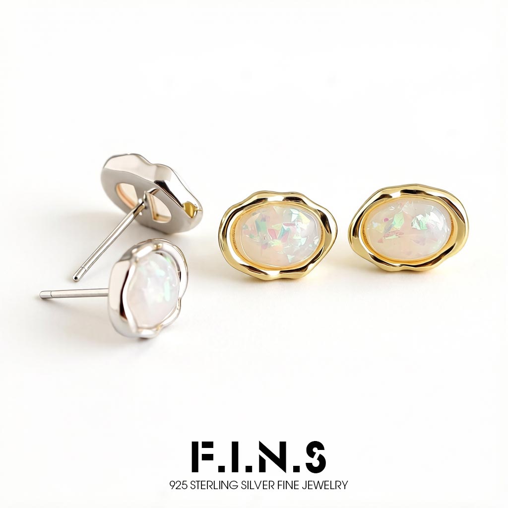 Opal Earrings Dangle - F.I.N.S Real 925 Sterling Silver Elliptical